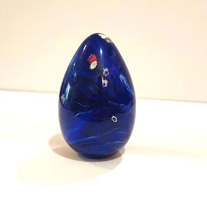 GES Glass Eye Studios 1996 Blue Blown Glass Egg Shaped Paperweight